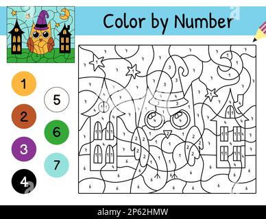 Cute bird color by number game for kids. Coloring page with funny crow ...