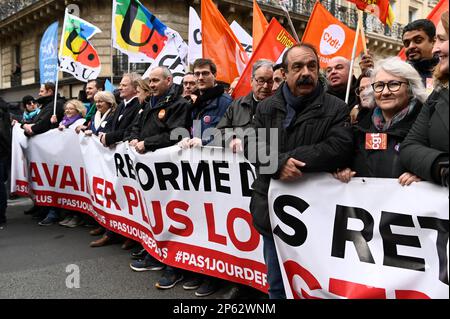 Philippe Martinez, general secretary of the CGT with Laurent Berger, general secretary of the CFDT at the head of the demonstration against the pension reform. Tens of thousands of people gathered in Paris to demonstrate against the pension reform project initiated by the Borne government. Stock Photo