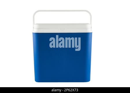Closed blue plastic cooler isolated on white background Stock Photo