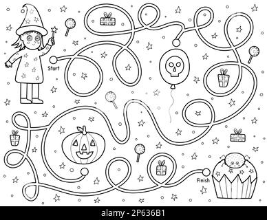 Help the cute witch find path to the cupcake. Black and white Halloween maze Stock Vector