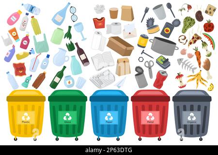 Trash sorting set with recycling bins. Waste sorting collection with containers in different colors Stock Vector
