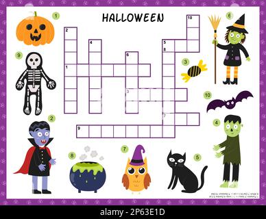 Halloween crossword with cute characters. Puzzle game for kids Stock Vector