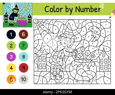 Cute witch brewing a potion in a cauldron color by number game for kids. Coloring page Stock Vector