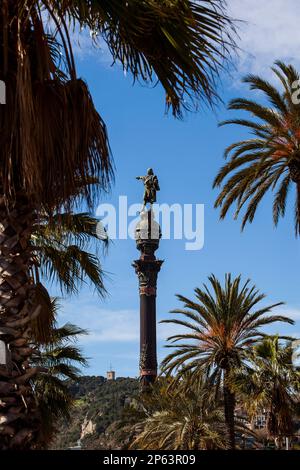 Monument to explorer Christopher Columbus, located in the Plaza de la Pau, Barcelona, Catalonia, Spain Stock Photo