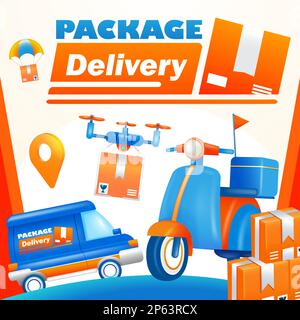 Package Delivery Transport. Motorcycle, car and drone 3d illustration Stock Vector