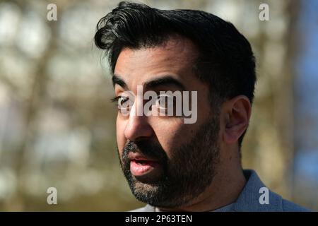 Glasgow Scotland, UK 07 March 2023. Humza Yousaf Scottish National Party outside Glasgow University Union to meet with supporters during his SNP leadership campaign. credit sst/alamy live news Stock Photo