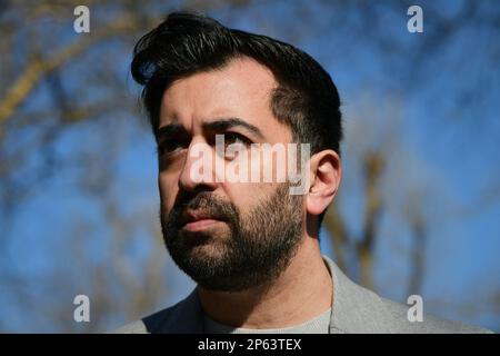 Glasgow Scotland, UK 07 March 2023. Humza Yousaf Scottish National Party outside Glasgow University Union to meet with supporters during his SNP leadership campaign. credit sst/alamy live news Stock Photo