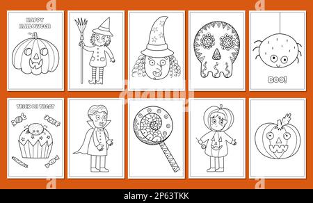 Cute Halloween coloring pages bundle. Cute spooky characters prints set Stock Vector