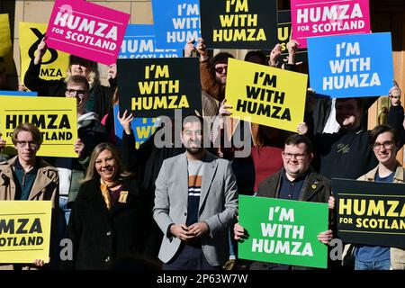 Glasgow Scotland, UK 07 March 2023. Humza Yousaf Scottish National Party outside Glasgow University Union to meet with supporters during his SNP leadership campaign. credit sst/alamy live news Stock Photo