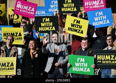 Glasgow Scotland, UK 07 March 2023. Humza Yousaf Scottish National Party outside Glasgow University Union to meet with supporters during his SNP leadership campaign. credit sst/alamy live news Stock Photo