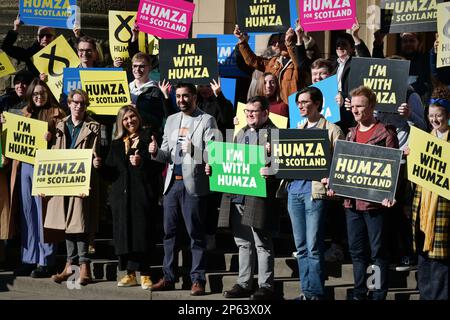 Glasgow Scotland, UK 07 March 2023. Humza Yousaf Scottish National Party outside Glasgow University Union to meet with supporters during his SNP leadership campaign. credit sst/alamy live news Stock Photo