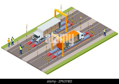 Isometric Container car on the weighing scale Cargo transport, Truck trailer with container. Loaded trailer truck on weighbridge. Weighing control Stock Vector