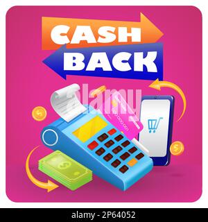 Cash Back. 3d illustration of payment by credit card via terminal, money and smartphone Stock Vector