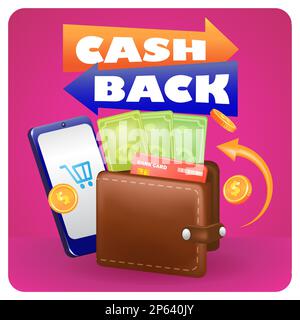 Cash Back. 3d illustration of men's wallet, smartphone, money and credit card Stock Vector