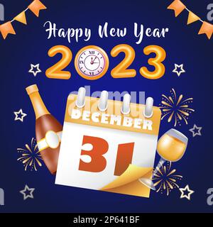 Happy New Year 2023. 3d illustration of ornament of wine bottles, glasses and candles Stock Vector