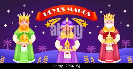 Reyes Magos. 3d illustration of three priests holding gifts, with shooting stars in the background Stock Vector