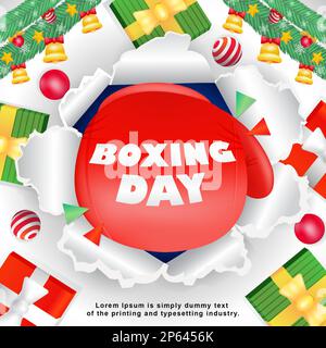 Boxing Day, 3d illustration of gifts and boxing gloves hitting paper. Suitable for events Stock Vector