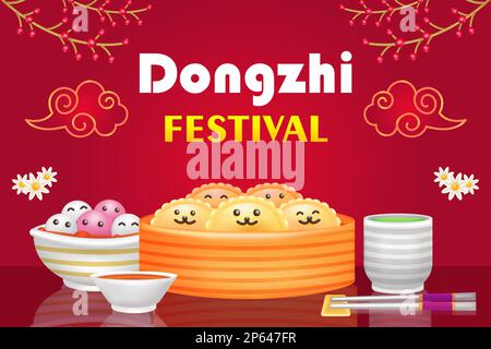 Dongzhi Festival. Dumplings and green tea 3d illustration Stock Vector