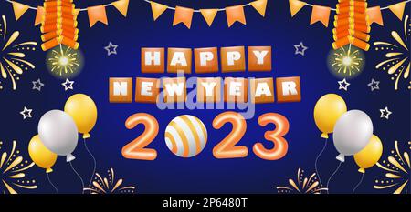 Happy New Year 2023. 3d illustration of ornament of wine bottles, glasses and candles Stock Vector