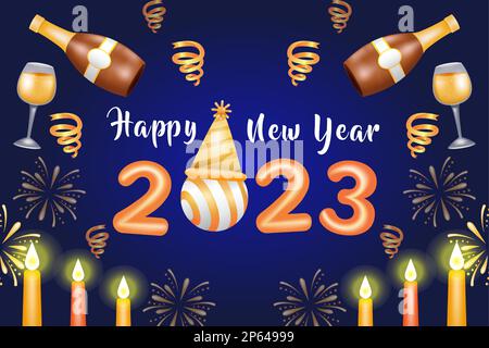 Happy New Year 2023. 3d illustration of ornament of wine bottles, glasses and candles Stock Vector
