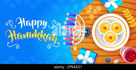 Happy Hanukkah, 3d illustration of candle holder, dreidel and gift Stock Vector