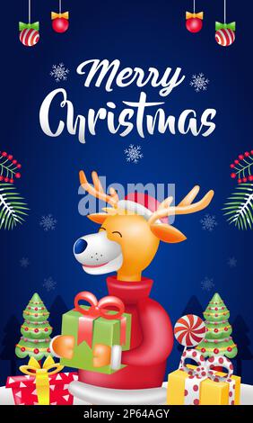 Merry Christmas, 3d illustration of a deer holding a gift with christmas decoration Stock Vector