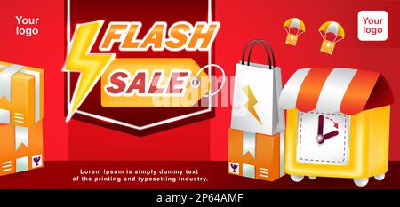 Flash Sale, yellow clock and shopping package 3d illustration Stock Vector