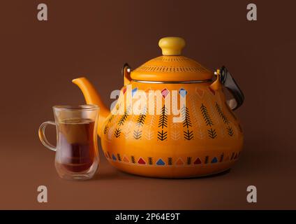 Iconic Arabian fabric is graced with symbols of Arabia, in particular Arabic tea and dates, they symbolise Arabian hospitality, ramadan set Traditiona Stock Photo