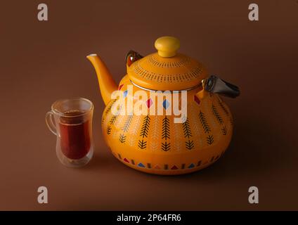 Iconic Arabian fabric is graced with symbols of Arabia, in particular Arabic tea and dates, they symbolise Arabian hospitality, ramadan set Traditiona Stock Photo