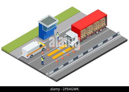 Isometric Container car on the weighing scale Cargo transport, Truck trailer with container. Loaded trailer truck on weighbridge. Weighing control Stock Vector