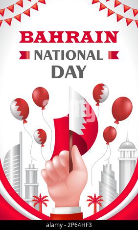 Bahrain National Day, 3d illustration of hand holding flag with building ornament and balloon Stock Vector