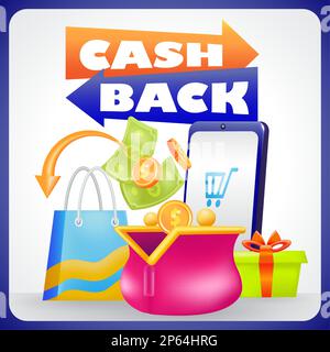 Cash Back. 3d illustration of women's wallet, gift, smartphone, money and shopping bag Stock Vector