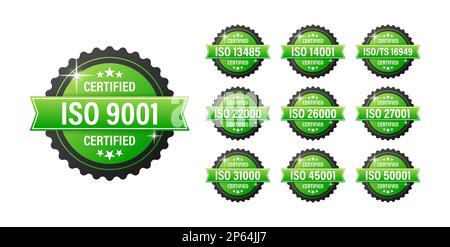 ISO certified set stamp and labels. Quality management system certified Stock Vector