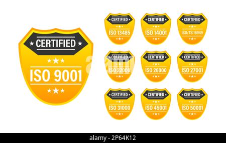 ISO certified set stamp and labels. Quality management system certified Stock Vector