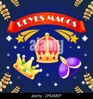 Reyes Magos. Crown collection 3d illustration, with shooting stars in the background Stock Vector