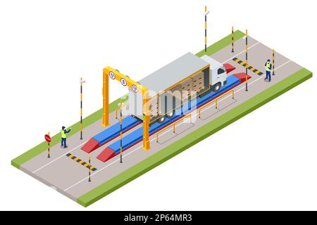 Isometric Container car on the weighing scale Cargo transport, Truck trailer with container. Loaded trailer truck on weighbridge. Weighing control Stock Vector