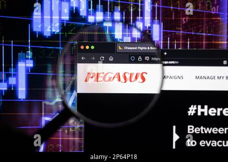 Pegasus airline company logo on a website with blurry stock market developments in the background, seen on a screen through a magnifying glass Stock Photo