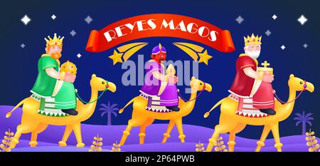 Reyes Magos. 3d illustration of three priests riding camels, with a shooting star in the background Stock Vector