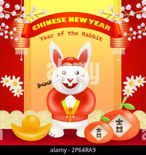 Chinese New Year, Year of the Rabbit. 3d illustration of a rabbit carrying a lantern with floral ornament, gold bars, oranges and house background Stock Vector