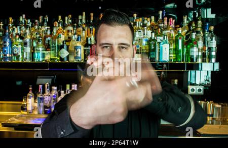 Marc Álvarez prepare coctail drink, Head Bartender of 41º Experience, cocktail Bar, Avinguda del Paraŀlel, 164,Barcelona, Spain Stock Photo