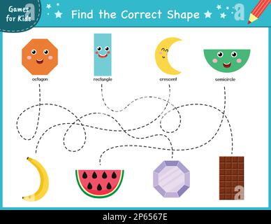 Find the correct shape. Maze game for kids. Learning shapes activity page Stock Vector