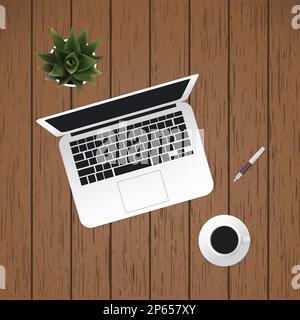 Laptop, Coffee Cup, Pen: Work Tools of a Digital Nomad - Modern Style Flat Illustration, Business Vector Design Concept on Wooden Background Stock Vector