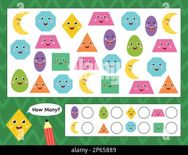 How many shapes activity page for kids. Count the shapes and write Stock Vector