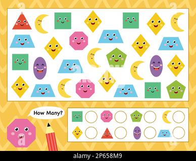 How many shapes activity page for kids. Count the shapes and write Stock Vector