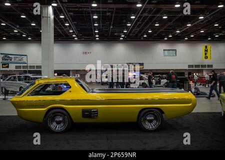 DETROIT, MI/USA - February 24, 2023: Dodge Deora, an  A100 pickup truck interpretation, Detroit AutoRama. Builder: Alexander Brothers Stock Photo