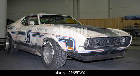 DETROIT, MI/USA - February 24, 2023: A 1972 Ford Mach 1 Mustang in the movie Horse Force, at the Detroit AutoRama. Stock Photo