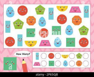 How many shapes activity page for kids. Count the shapes and write Stock Vector