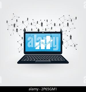 Networks, Global Business and Financial Connections, Concept Design with Network Mesh, Laptop and Bar Chart. Stock Vector
