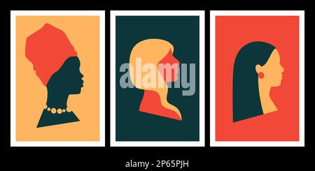 Abstract boho posters set. Minimal retro wall art with woman profile portrait. Simple shapes silhouettes. Naive ethnic female heads. Women allyship concept. Vector illustration. Stock Vector