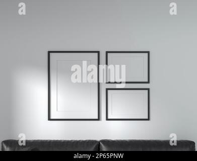 Mock up poster frame in modern interior background, living room. 3D rendering. Stock Photo